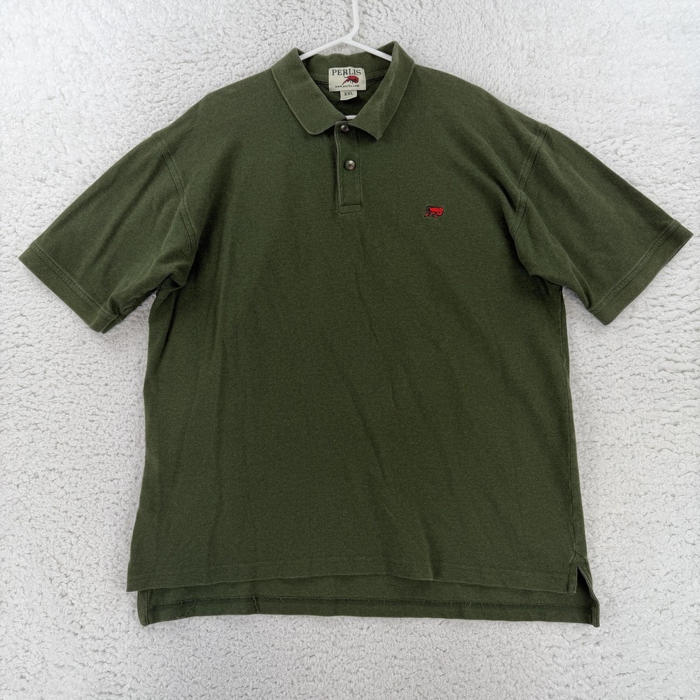 Perlis Polo Shirt Mens 2XL Green Cotton Knit Crawfish Logo Short Sleeve Top